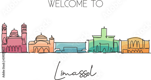 One continuous line drawing Limassol city skyline, Cyprus. Beautiful landmark postcard. World landscape tourism and travel vacation. Editable stylish stroke single line draw design vector illustration