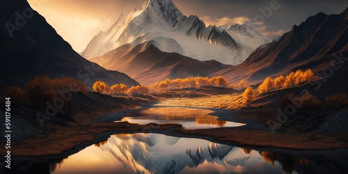 A mountain sunset in the fall at the yading environmental reserve, Daocheng, China Generative AI photo
