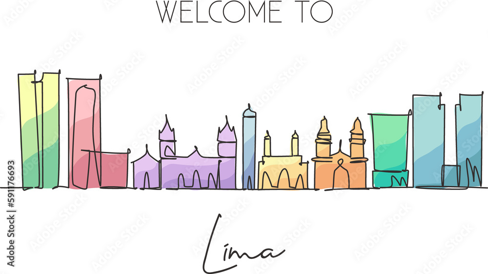 Single continuous line drawing of Lima city skyline, Peru. Famous city scraper landscape. World travel destination concept wall poster. Editable stroke modern one line draw design vector illustration