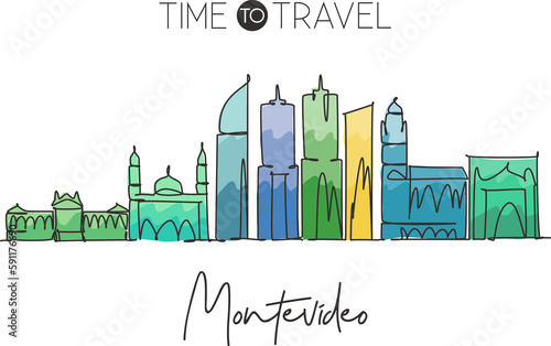 One continuous line drawing of Montevideo city skyline, Uruguay. Beautiful landmark. World landscape tourism and travel vacation. Editable stylish stroke single line draw design vector illustration photo
