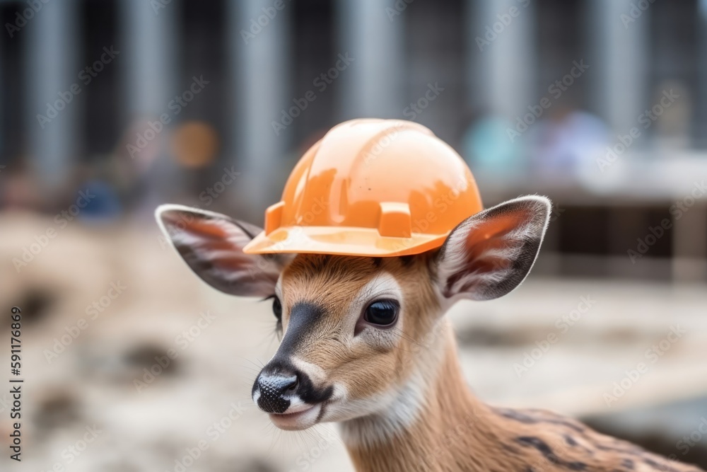 Engineer deer in a work helmet on a construction site. Construction of a large house from cement and building materials, Generative AI Engineer deer in a work helmet on a construction site. Construction of a large house from cement and building materials, Generative AI