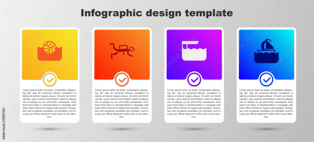 Set Water polo, Scuba diver, Diving board or springboard and Yacht sailboat. Business infographic template. Vector Set Water polo, Scuba diver, Diving board or springboard and Yacht sailboat. Business infographic template. Vector