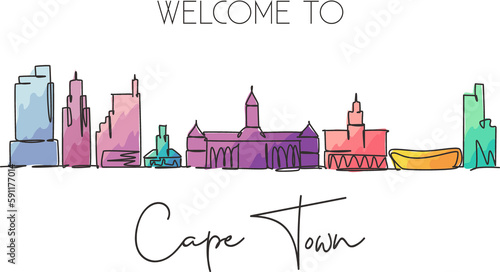 Single continuous line drawing of Cape Town skyline, South Africa. Famous city scraper landscape. World travel concept home wall decor poster print art. Modern one line draw design vector illustration