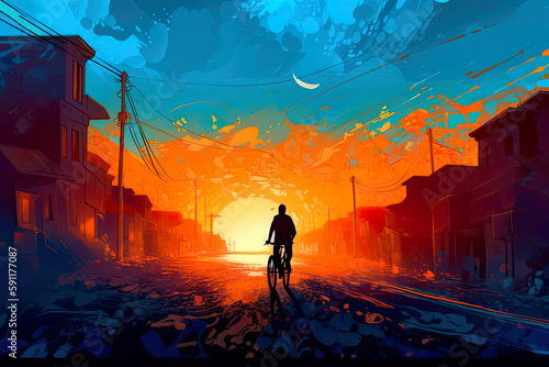 Cyclist riding bicycle at sunset in city, AI generative art illustration © Friedbert