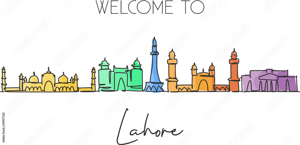 Single continuous line drawing of Lahore city skyline, Pakistan. Famous city scraper landscape home decor wall art poster print. World travel concept. Modern one line draw design vector illustration