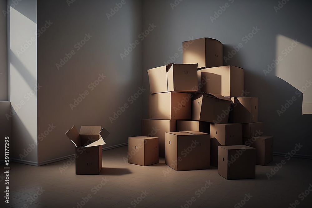 Brown moving boxes in an empty room. Relocation concept. Generative AI Brown moving boxes in an empty room. Relocation concept. Generative AI