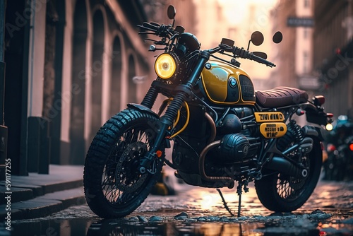 Fotografie Motobike in the city. Scrambler. Generative AI