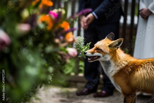 a fox at a wedding with flowers came to congratulate the bride and groom. A wedding ceremony and many people around, Generative AI