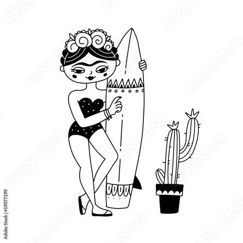 Frida Khalo in full growth holding a surfboard. Cute and funny female portrait in doodle style. Girl greeting card concept. Vector print for t-shirt mexican design photo