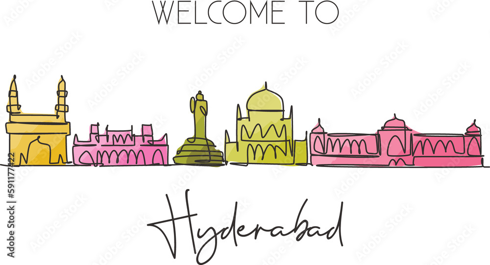 One continuous line drawing of Hyderabad city skyline, India. Beautiful city landmark wall decor poster. World landscape tourism travel vacation. Stylish single line draw design vector illustration