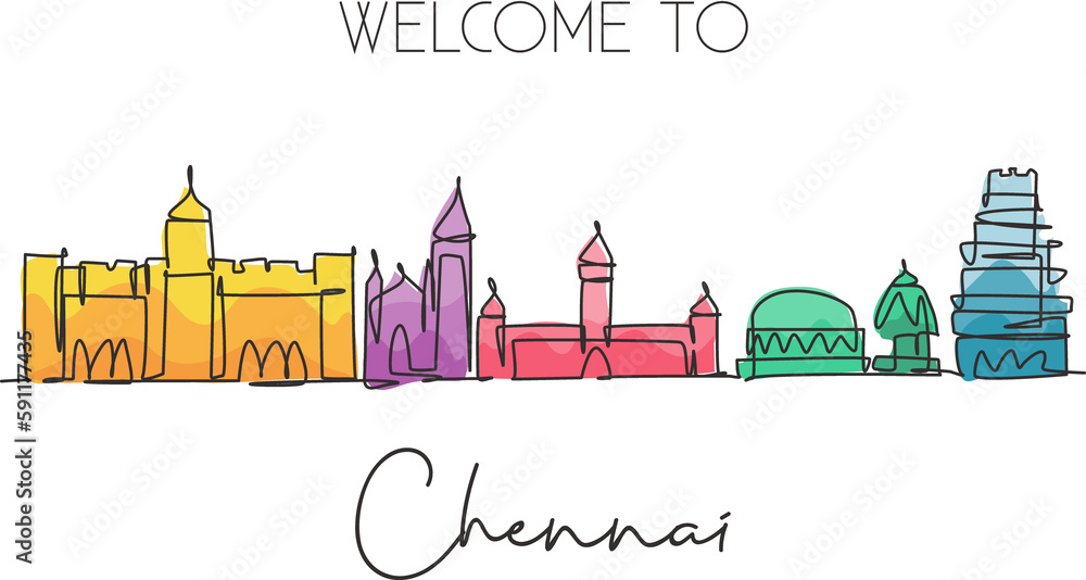 Single continuous line drawing of Chennai city skyline, India. Famous city scraper and landscape home decor wall art poster print. World travel concept. Modern one line draw design vector illustration