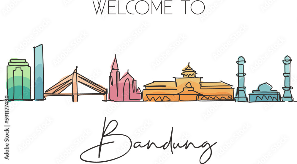 One continuous line drawing of Bandung city skyline, India. Beautiful city landmark. World landscape tourism and travel vacation. Editable stylish single line draw design graphic vector illustration One continuous line drawing of Bandung city skyline, India. Beautiful city landmark. World landscape tourism and travel vacation. Editable stylish single line draw design graphic vector illustration