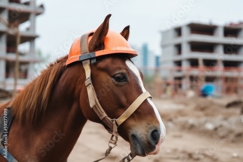 Engineer horse in a work helmet on a construction site. Construction of a large house from cement and building materials, Generative AI © vasyan_23