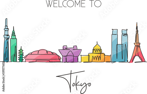 One continuous line drawing of Tokyo city skyline, Japan. Beautiful landmark. World landscape tourism and travel vacation poster. Editable stylish stroke single line draw design vector illustration