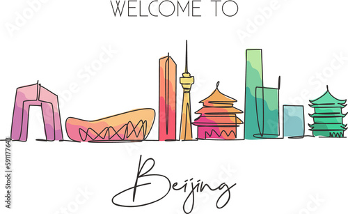 One single line drawing of Beijing city skyline, China. Historical town landscape in the world. Best holiday destination poster. Editable stroke trendy continuous line draw design vector illustration photo