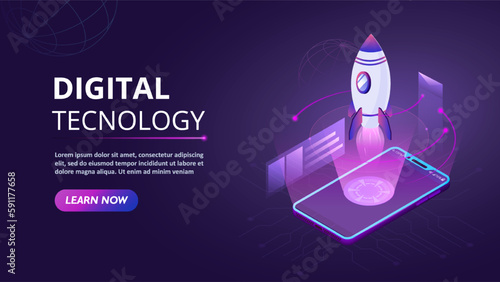 Digital tecnology concept. Rocket takes off into air from smartphone screen. Business project or start up. Company innovation and development, idea and insight. Cartoon isometric vector illustration