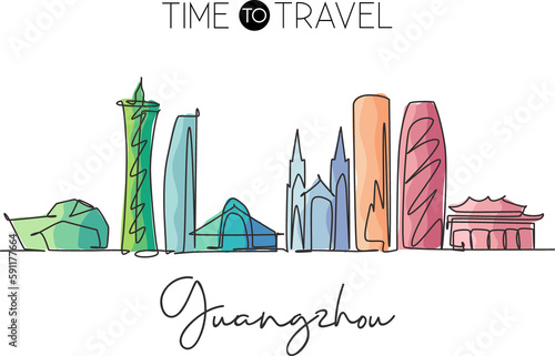One continuous line drawing of Guangzhou city skyline, China. World beautiful landscape tourism. Editable stroke single line draw design vector illustration