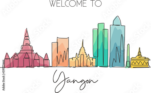 One single line drawing of Yangon city skyline, Myanmar. Historical town landscape in the world. Best holiday destination poster. Editable stroke trendy continuous line draw design vector illustration