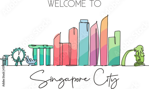 Single continuous line drawing of Singapore city skyline. Famous city scraper and landscape. World travel concept home decor wall print poster art. Modern one line draw design vector illustration
