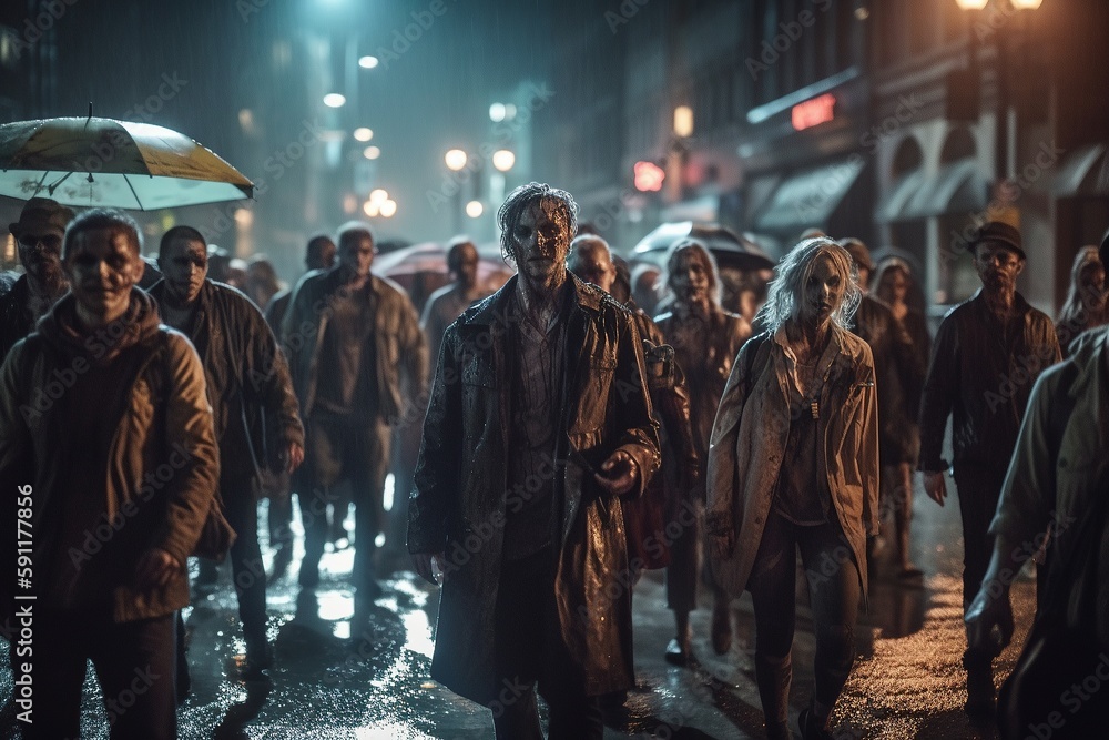 A crowd of zombies in the night city. Apocalypse, flock, horde, crowd of obsessed zombies in the