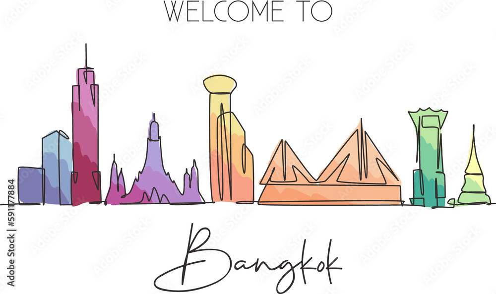 Fototapeta premium One continuous line drawing of Bangkok city skyline, Thailand. Beautiful landmark. World landscape tourism travel vacation poster. Editable stylish stroke single line draw design vector illustration