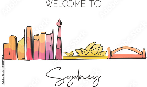 One continuous line drawing of Sydney city skyline, Australia. Beautiful landmark. World landscape tourism travel vacation poster. Editable stylish stroke single line draw design vector illustration