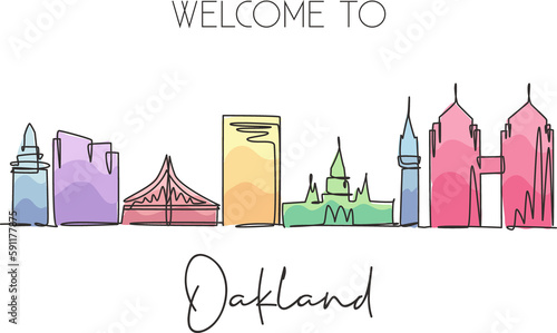 One continuous line drawing of Oakland city skyline, California. Beautiful landmark. World landscape tourism travel vacation poster. Editable stylish stroke single line draw design vector illustration