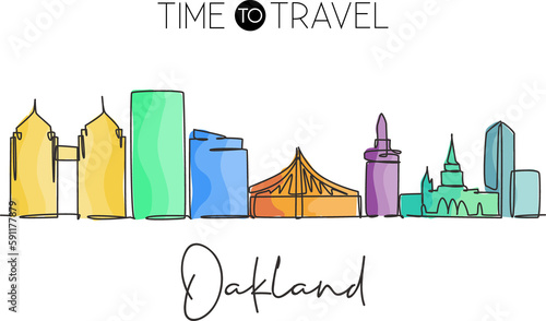 Single continuous line drawing of Oakland city skyline California. Famous city scraper landscape. World travel concept wall decor home art poster print. Modern one line draw design vector illustration