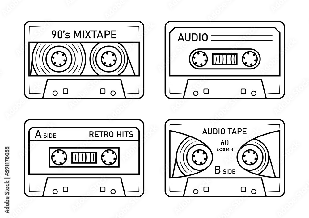 Set of audio cassettes tape. Various music audio records. Different