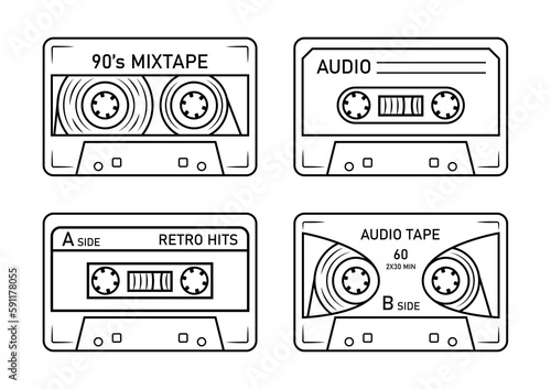 Set of audio cassettes tape. Various music audio records. Different mixtapes. Nostalgia for the 80s and 90s. Doodle sketch style. Isolated vector illustration on white background.