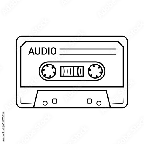 Audio cassette with magnetic tape. Trendy 80s 90s design. Hand drawn sketch style. Isolated vector illustration in doodle line style.