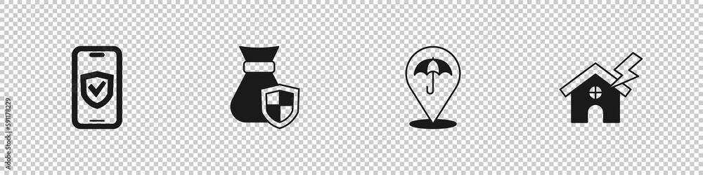 Set Insurance online, Money bag with shield, Umbrella and House and lightning icon. Vector Set Insurance online, Money bag with shield, Umbrella and House and lightning icon. Vector
