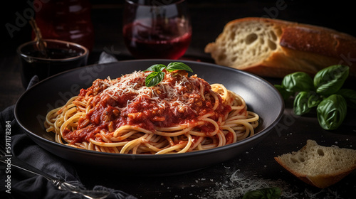Classic Italian meal featuring a plate of freshly-made, steaming spaghetti topped with a rich, homemade marinara sauce, sprinkled with grated Parmesan cheese, Generative AI