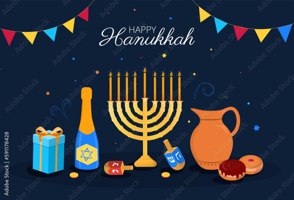 Happy Hanukkah poster. Candle, donuts and gift, bottle of wine