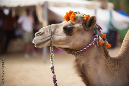 a camel at a wedding with flowers came to congratulate the bride and groom. A wedding ceremony and many people around Generative AI