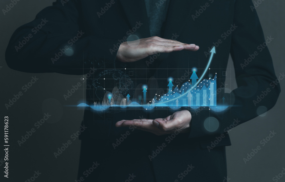 Business invest growth success concept. Man in black suit show hologram ...