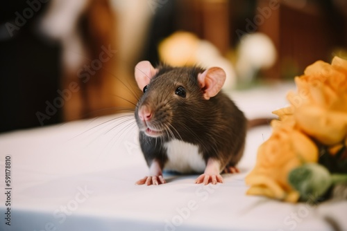 a rat at a wedding with flowers came to congratulate the bride and groom. A wedding ceremony and many people around Generative AI