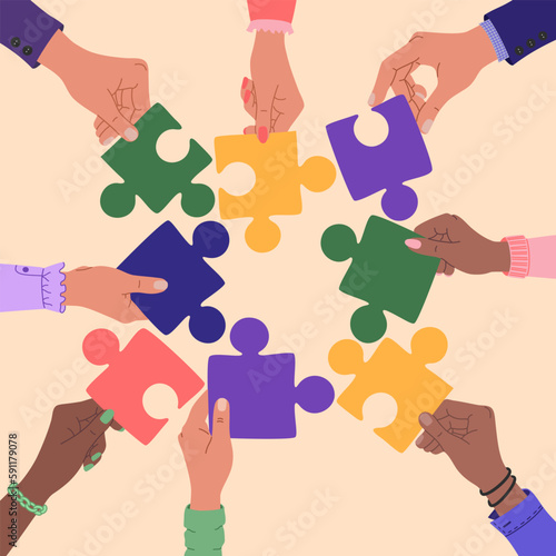 Hands of different ethnicity people holding a pieces of jigsaw. Teamwork, team cooperation and communication. Hand drawn vector vector illustration isolated on light background, flat cartoon style.