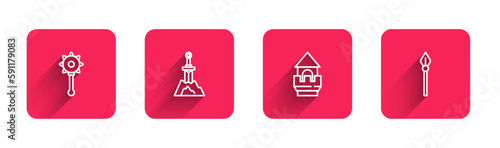 Set line Medieval chained mace ball, Sword the stone, Castle tower and spear with long shadow. Red square button. Vector