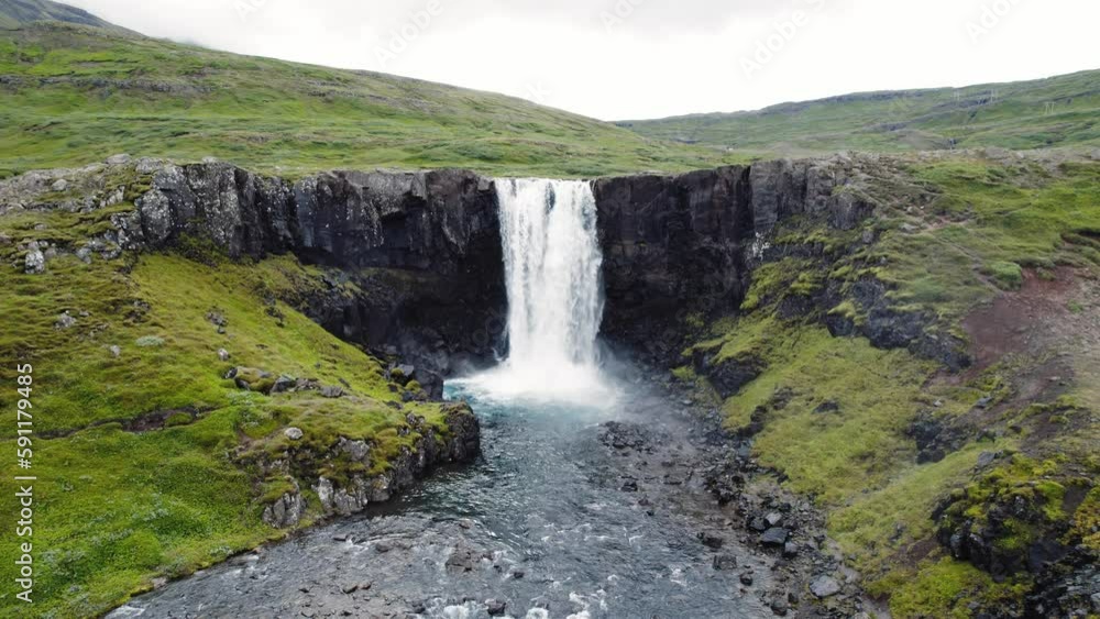 Drone Aerial of Kerlingarfoss Waterfall near Olafsvik on Iceland's Snafellsnes peninsula. Drone Aerial of Kerlingarfoss Waterfall near Olafsvik on Iceland's Snafellsnes peninsula.