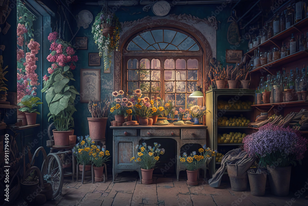 Classical mid-century vintage florist, flower store full of colorful flowers