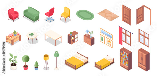 Isometric furniture set. Collection of sofas and chairs, wardrobe. Paintings, lamps and flowers in pot. Decor and interior elements. Cartoon vector illustrations isolated on white background