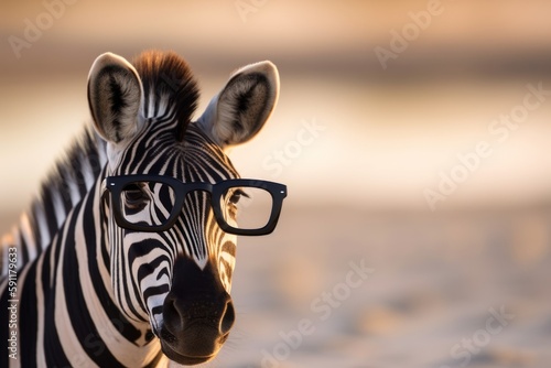 A zebra with glasses on the beach basks in the summer sun on the beach. Animal on warm sand surrounded by sea water Generative AI