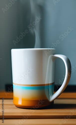 Ceramic mug with a hot drink on a wooden table