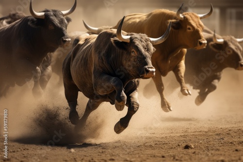 The bull runs at full speed, kicking dust into the air behind him. Bitcoin bull run Generative AI
