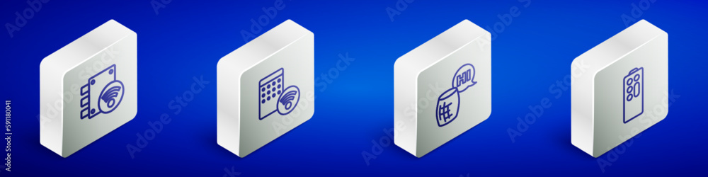 Set Isometric line Digital door lock, Air humidifier, Voice assistant and Remote control icon. Vector Set Isometric line Digital door lock, Air humidifier, Voice assistant and Remote control icon. Vector