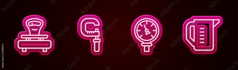 Set line Scales, Micrometer, Pressure water and Measuring cup. Glowing neon icon. Vector Set line Scales, Micrometer, Pressure water and Measuring cup. Glowing neon icon. Vector
