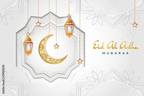 Kurban Bayram white. Crescent with star and lamps. Traditional islamic festival and holy days. Bayraminiz Mubarek Olsun, Eid al Adha Mubarak. Cartoon isometric vector illustration