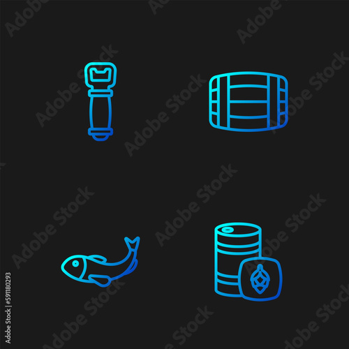 Set line Metal beer keg, Dried fish, Bottle opener and Wooden barrel. Gradient color icons. Vector