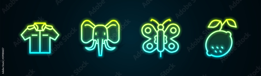 Set line Shirt, Elephant, Butterfly and Lemon. Glowing neon icon. Vector Set line Shirt, Elephant, Butterfly and Lemon. Glowing neon icon. Vector
